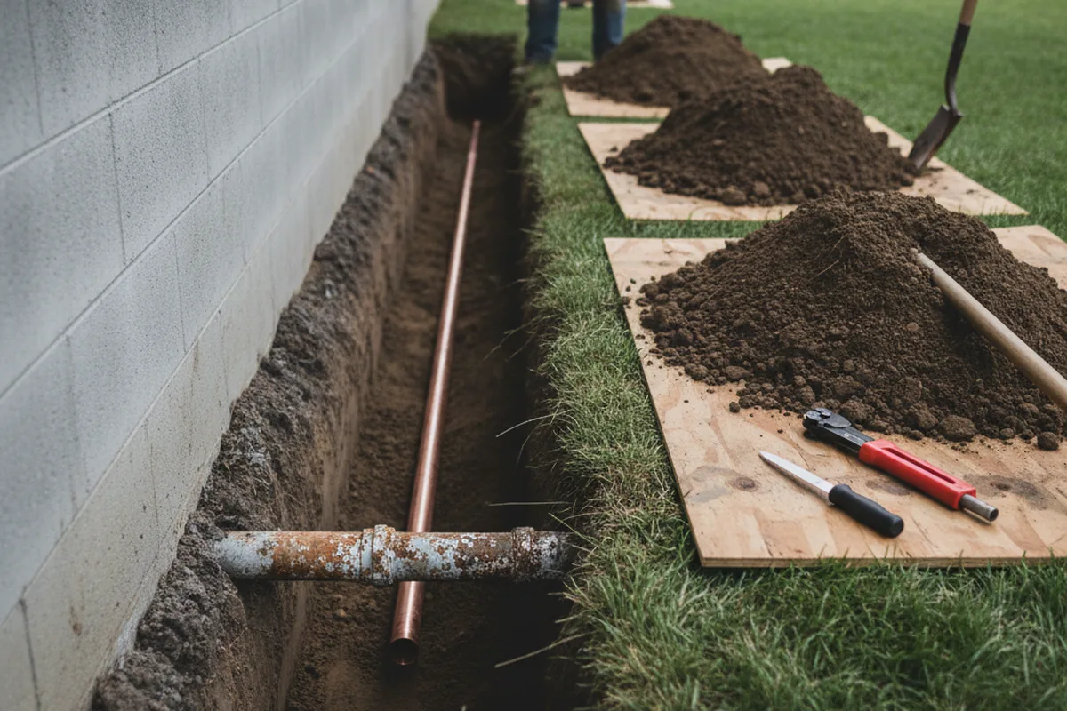 Excavated water line trench during Sewer Line Repair in Castaic